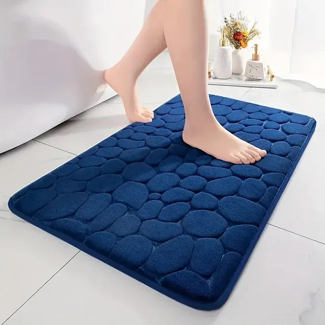 Rutschfeste 3D-Badematte mit hoher Saugfähigkeit – schnell trocknender, waschbarer Badteppich mit Steinrelief für Bad, Tür und Boden.