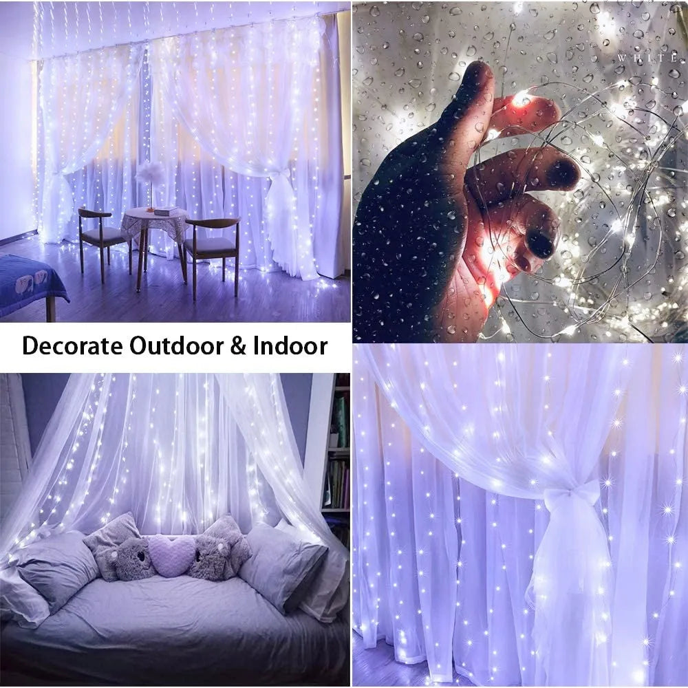 LED-Lichtervorhang mit 8 Leuchtmodi, Fernbedienung und USB-Anschluss – dekorative Lichterkette für Weihnachten, Feiertage, Neujahr und Zuhause