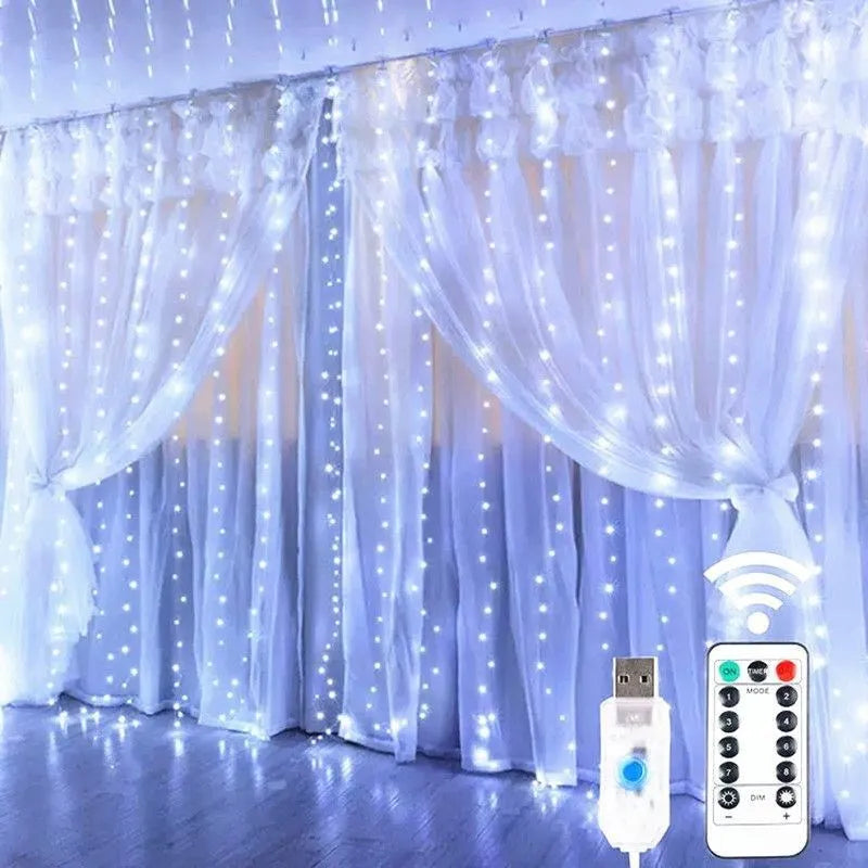LED-Lichtervorhang mit 8 Leuchtmodi, Fernbedienung und USB-Anschluss – dekorative Lichterkette für Weihnachten, Feiertage, Neujahr und Zuhause