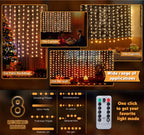 LED-Lichtervorhang mit 8 Leuchtmodi, Fernbedienung und USB-Anschluss – dekorative Lichterkette für Weihnachten, Feiertage, Neujahr und Zuhause