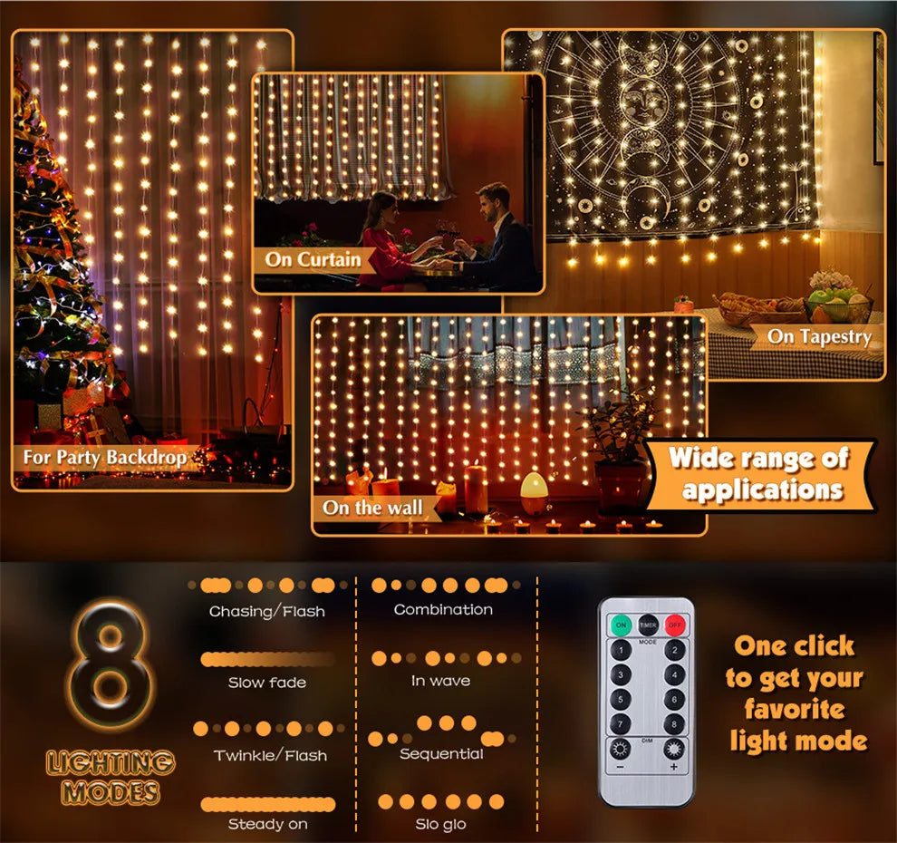 LED-Lichtervorhang mit 8 Leuchtmodi, Fernbedienung und USB-Anschluss – dekorative Lichterkette für Weihnachten, Feiertage, Neujahr und Zuhause