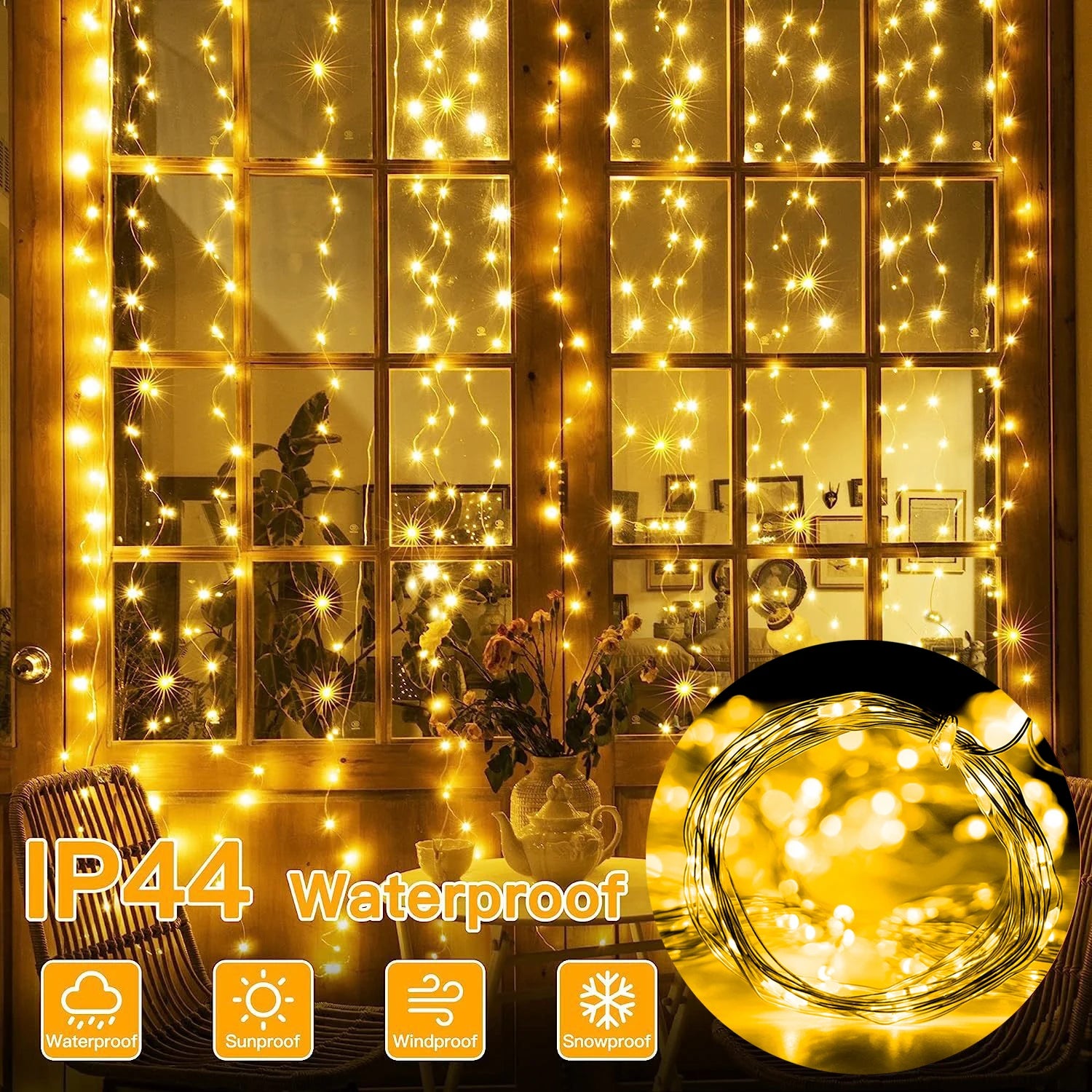LED-Lichtervorhang mit 8 Leuchtmodi, Fernbedienung und USB-Anschluss – dekorative Lichterkette für Weihnachten, Feiertage, Neujahr und Zuhause