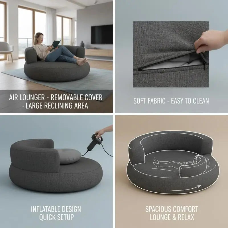Aufblasbares Loungesofa mit abnehmbarem Bezug und großer Liegefläche – grauer Luftsessel für Wohnzimmer und Schlafzimmer