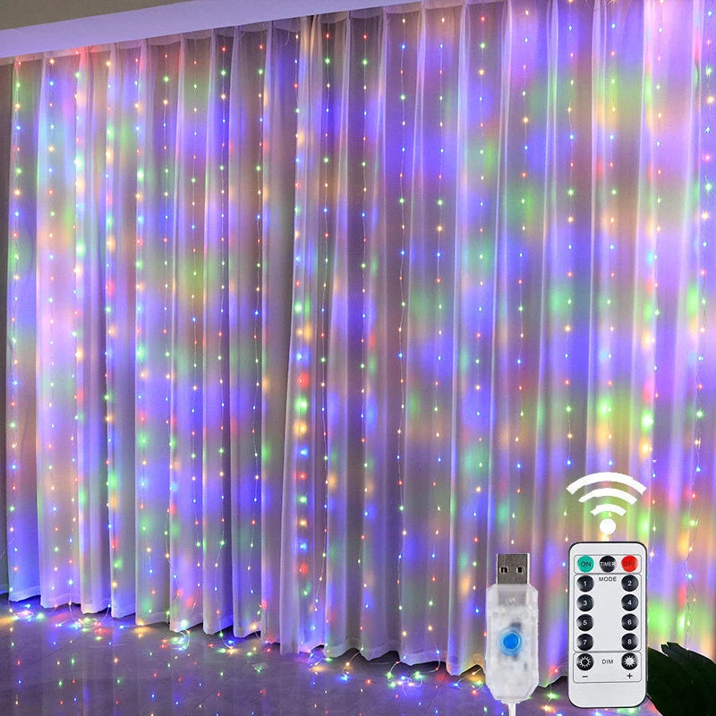 LED-Lichtervorhang mit 8 Leuchtmodi, Fernbedienung und USB-Anschluss – dekorative Lichterkette für Weihnachten, Feiertage, Neujahr und Zuhause