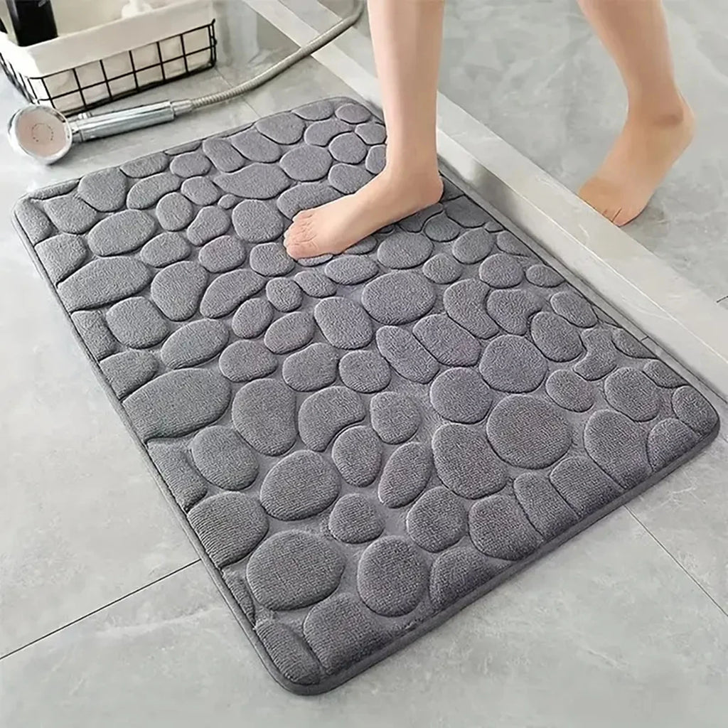 Rutschfeste 3D-Badematte mit hoher Saugfähigkeit – schnell trocknender, waschbarer Badteppich mit Steinrelief für Bad, Tür und Boden.