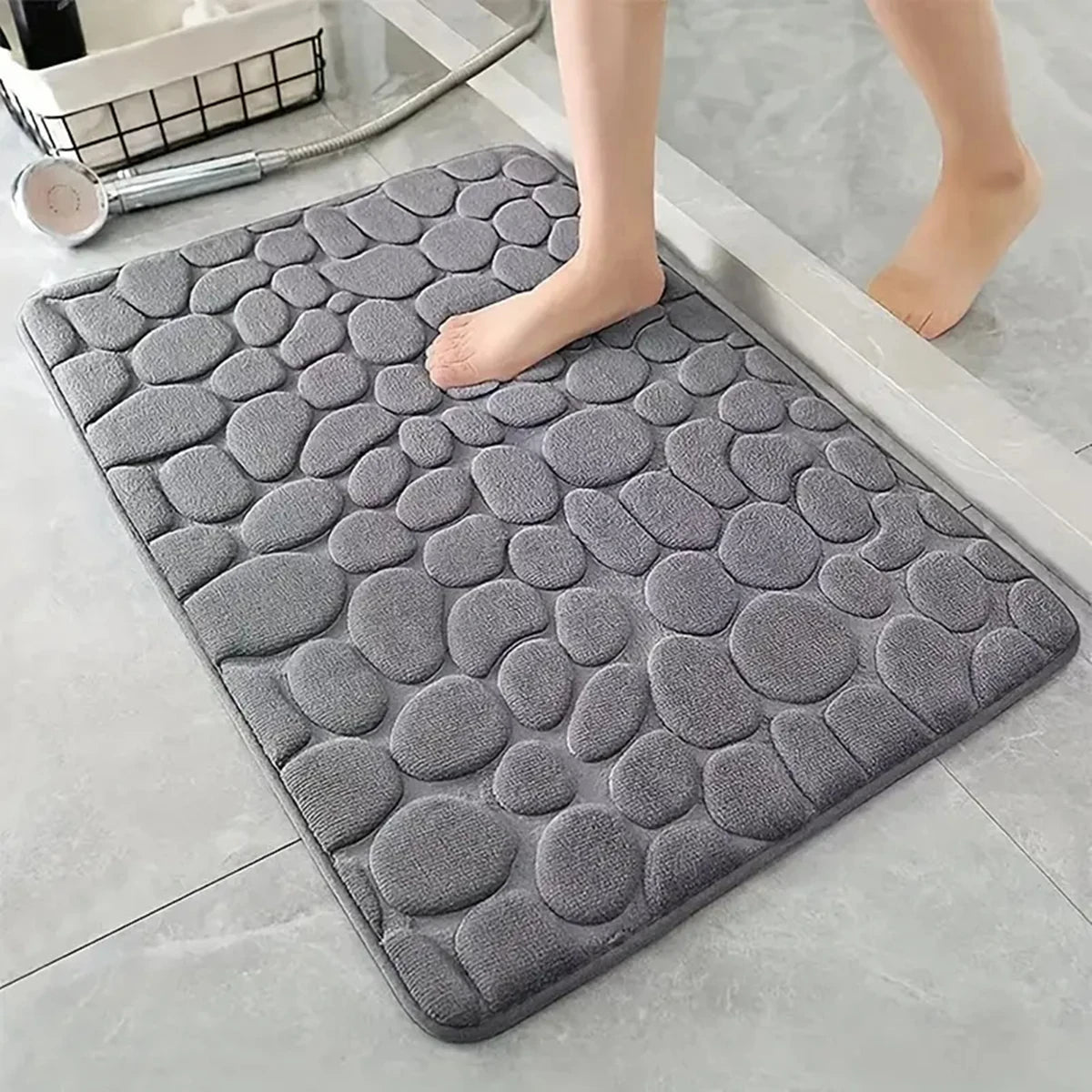 Rutschfeste 3D-Badematte mit hoher Saugfähigkeit – schnell trocknender, waschbarer Badteppich mit Steinrelief für Bad, Tür und Boden.