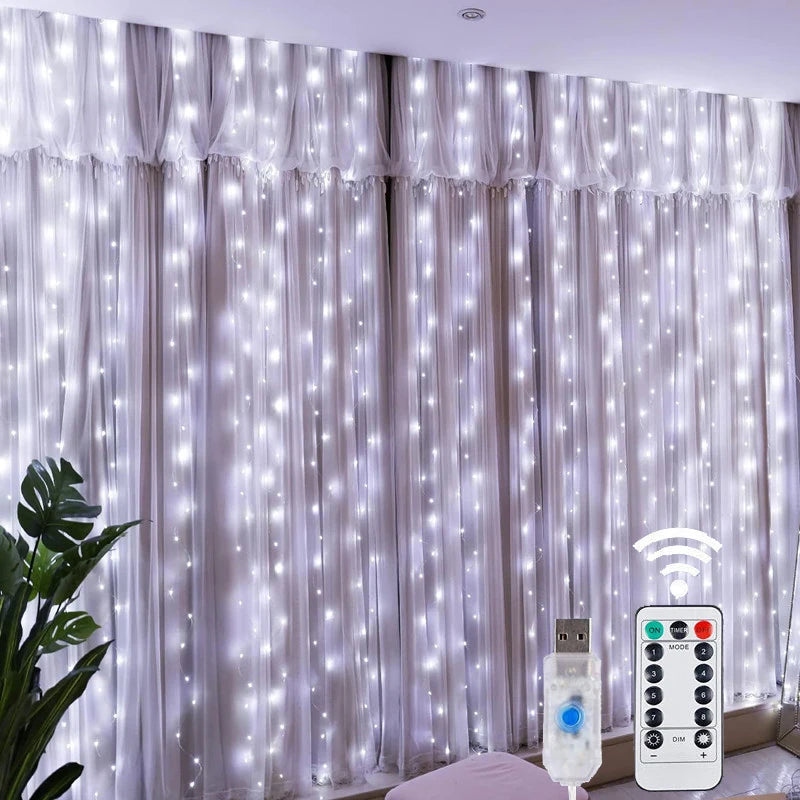 LED-Lichtervorhang mit 8 Leuchtmodi, Fernbedienung und USB-Anschluss – dekorative Lichterkette für Weihnachten, Feiertage, Neujahr und Zuhause