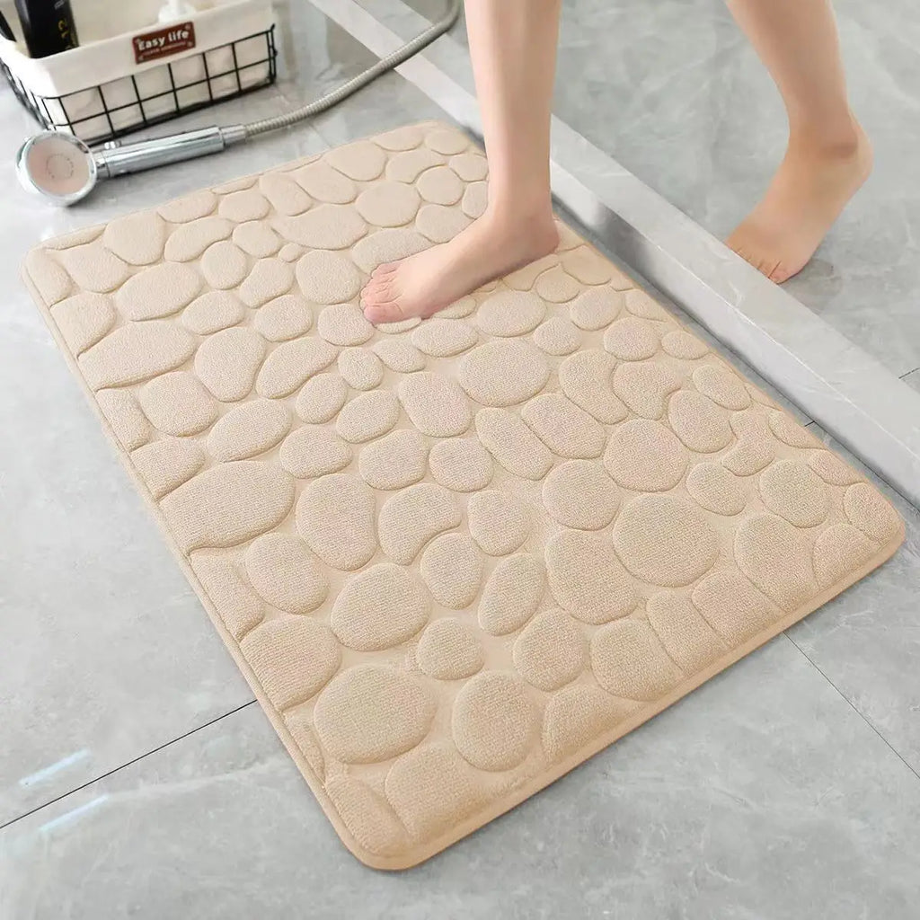 Rutschfeste 3D-Badematte mit hoher Saugfähigkeit – schnell trocknender, waschbarer Badteppich mit Steinrelief für Bad, Tür und Boden.